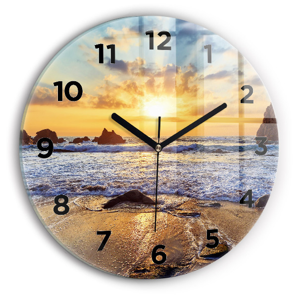 Round glass wall clock Sunset on the beach