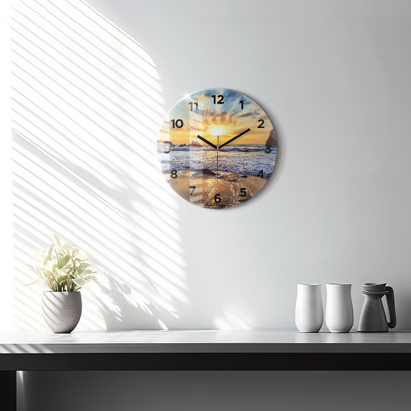 Round glass wall clock Sunset on the beach