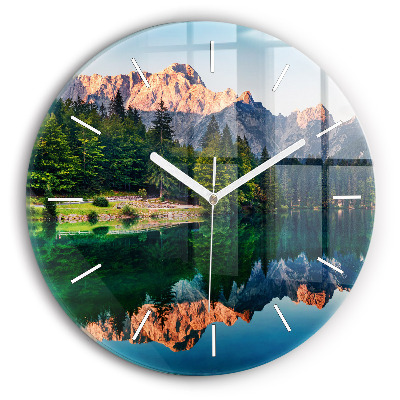 Round glass wall clock Lake landscape
