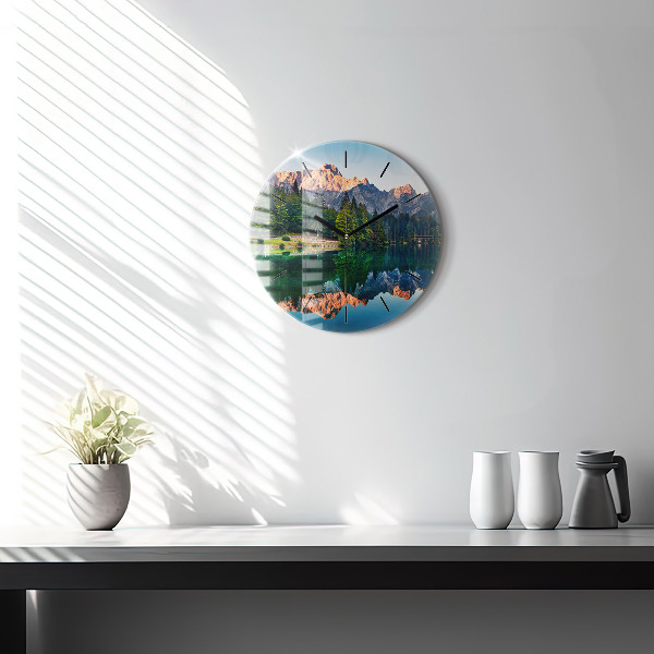 Round glass wall clock Lake landscape