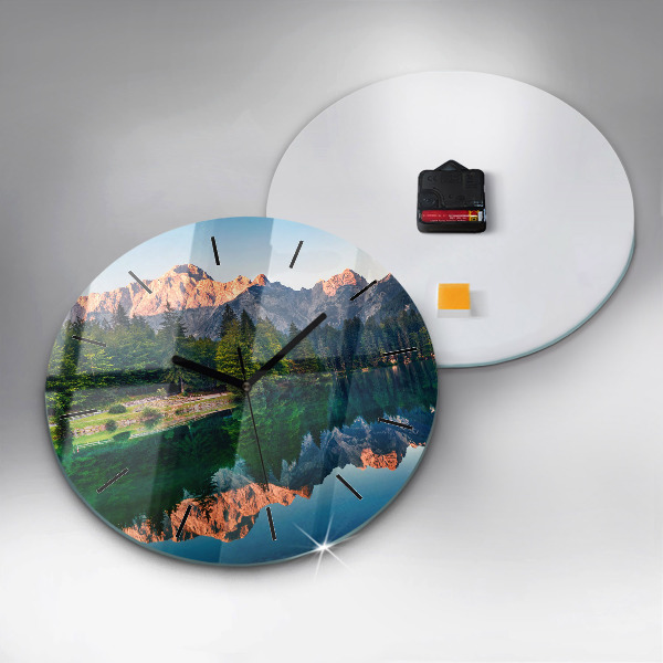 Round glass wall clock Lake landscape