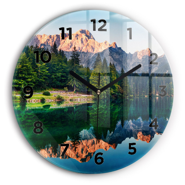 Round glass wall clock Lake landscape