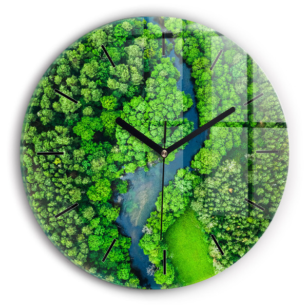Round glass wall clock River in the forest