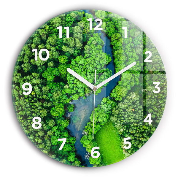 Round glass wall clock River in the forest