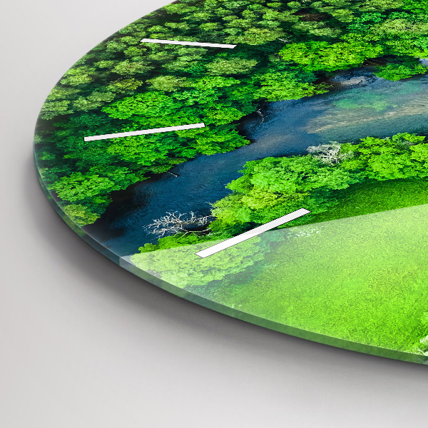 Round glass wall clock River in the forest