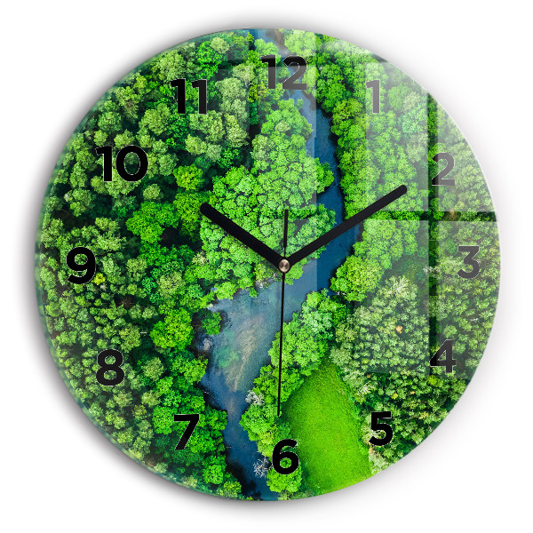 Round glass wall clock River in the forest