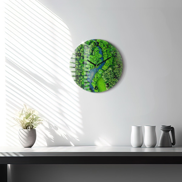 Round glass wall clock River in the forest