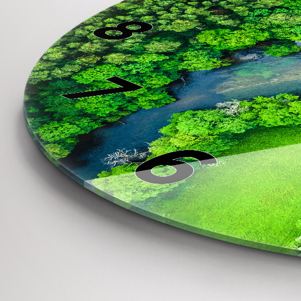Round glass wall clock River in the forest