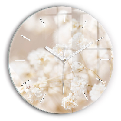 Round glass wall clock Small white flowers