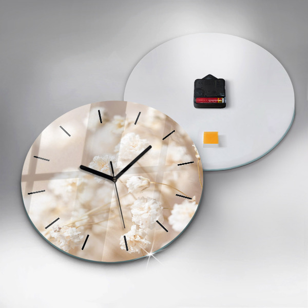 Round glass wall clock Small white flowers