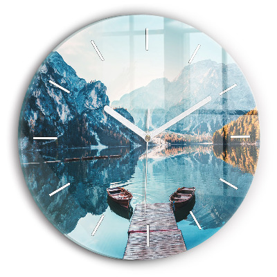 Round glass wall clock Boats on the lake