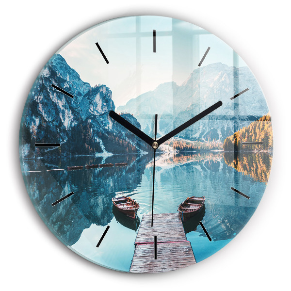Round glass wall clock Boats on the lake