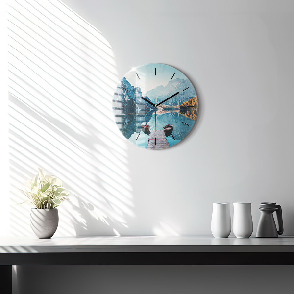 Round glass wall clock Boats on the lake