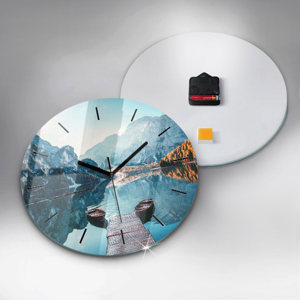 Round glass wall clock Boats on the lake