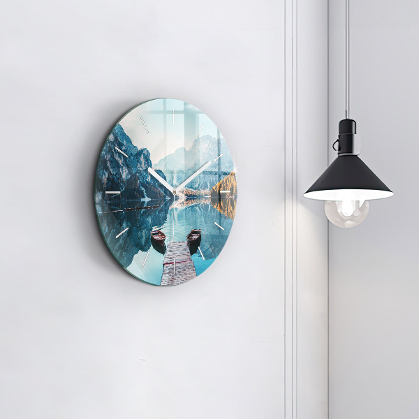 Round glass wall clock Boats on the lake