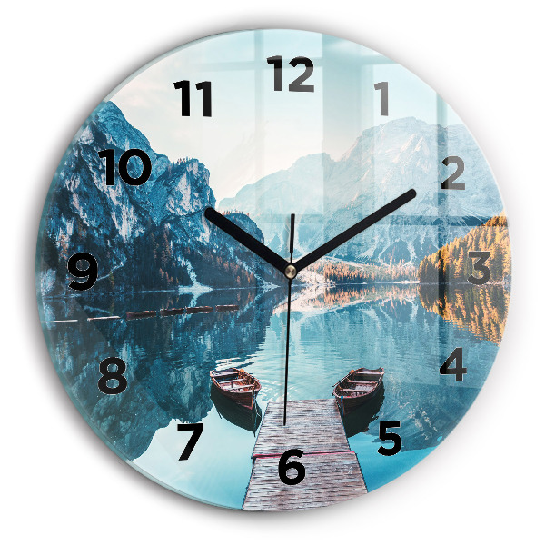 Round glass wall clock Boats on the lake