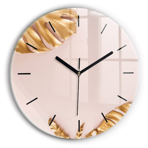 Round glass wall clock Golden tropical leaves