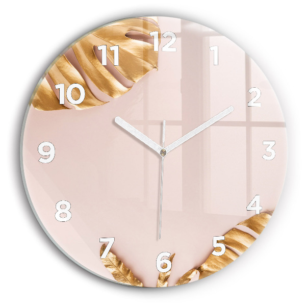 Round glass wall clock Golden tropical leaves