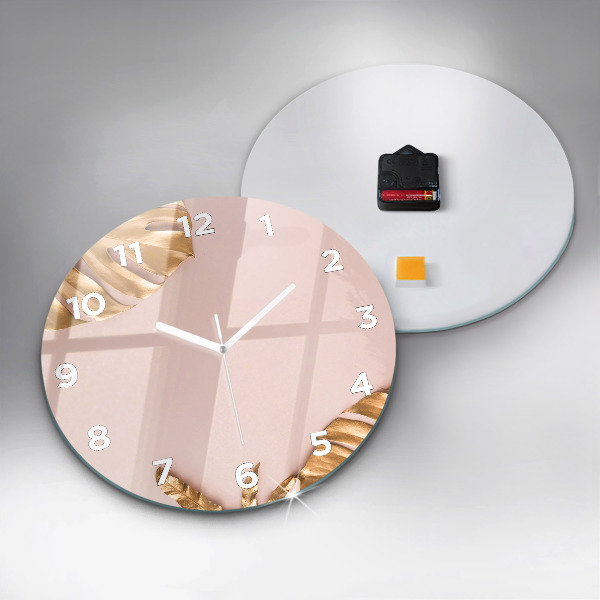Round glass wall clock Golden tropical leaves