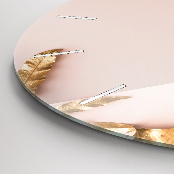 Round glass wall clock Golden tropical leaves