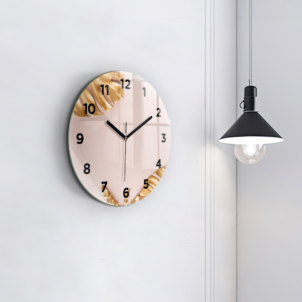 Round glass wall clock Golden tropical leaves