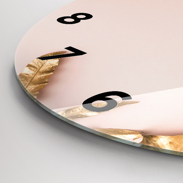 Round glass wall clock Golden tropical leaves