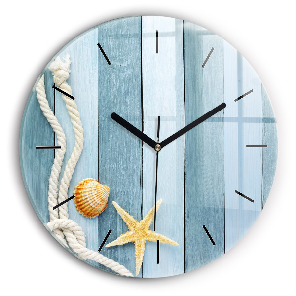 Round glass wall clock Boards stripes and shell