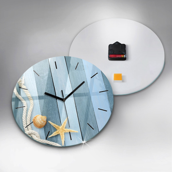 Round glass wall clock Boards stripes and shell