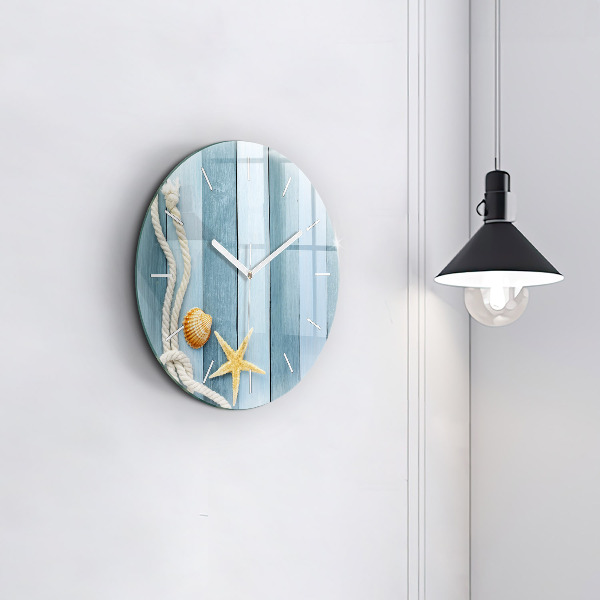 Round glass wall clock Boards stripes and shell