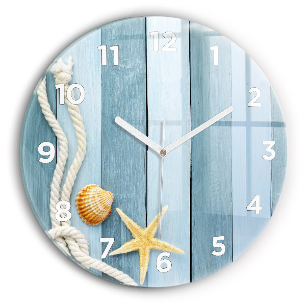 Round glass wall clock Boards stripes and shell