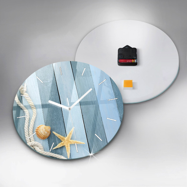 Round glass wall clock Boards stripes and shell