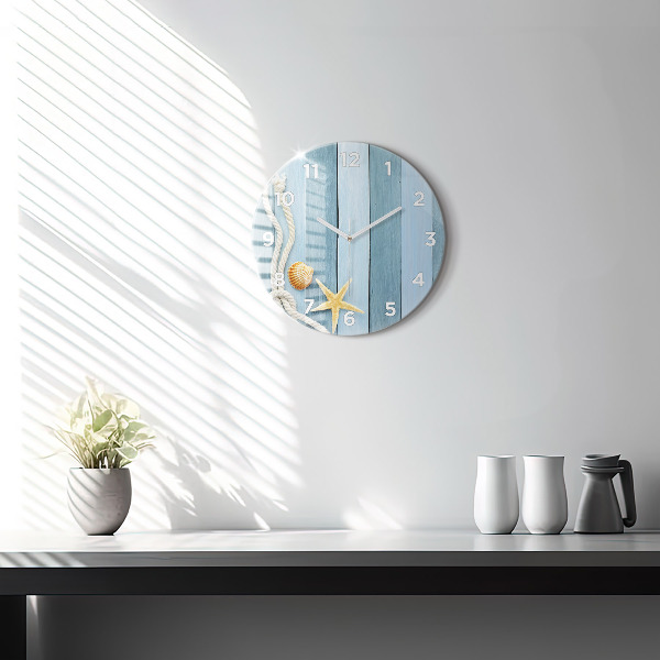Round glass wall clock Boards stripes and shell
