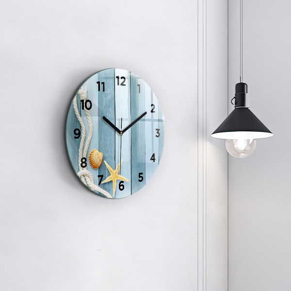Round glass wall clock Boards stripes and shell