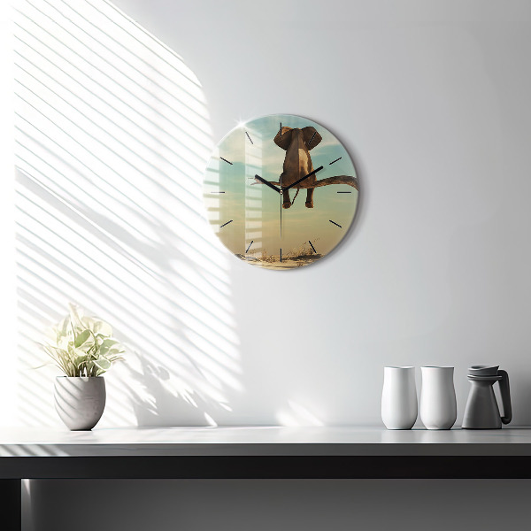 Round glass wall clock Elephant on a tree