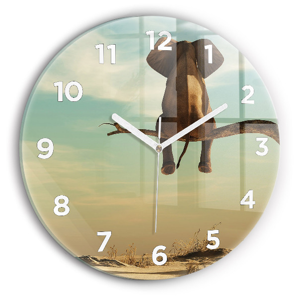 Round glass wall clock Elephant on a tree
