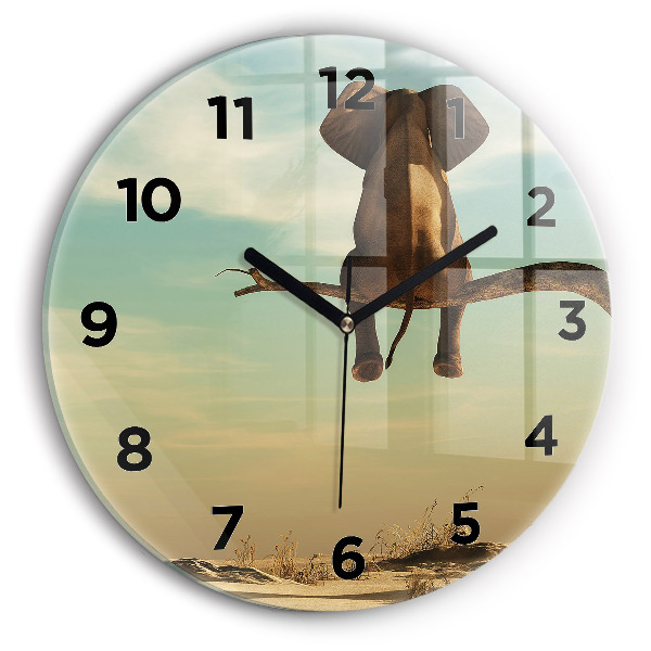 Round glass wall clock Elephant on a tree