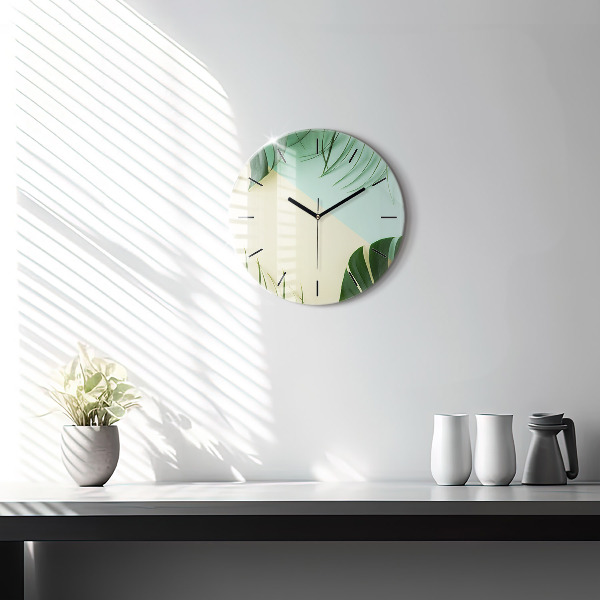Round glass wall clock Monstera leaves