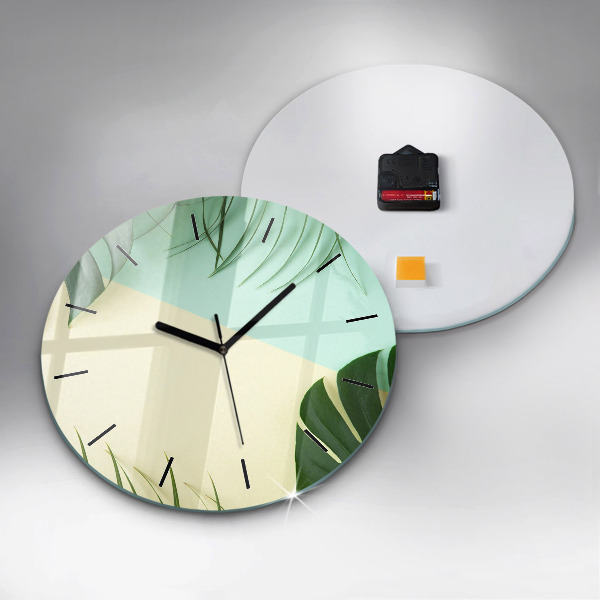 Round glass wall clock Monstera leaves