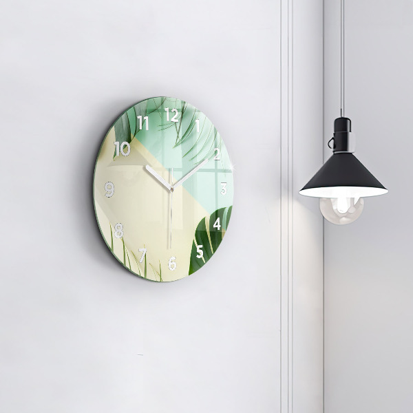 Round glass wall clock Monstera leaves