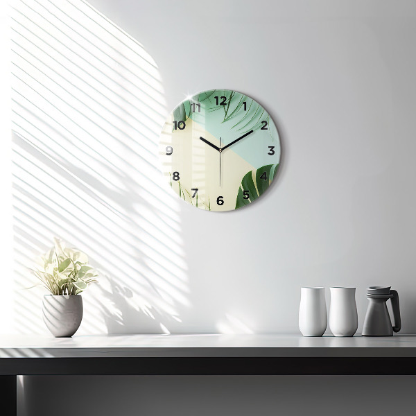 Round glass wall clock Monstera leaves