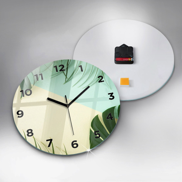 Round glass wall clock Monstera leaves