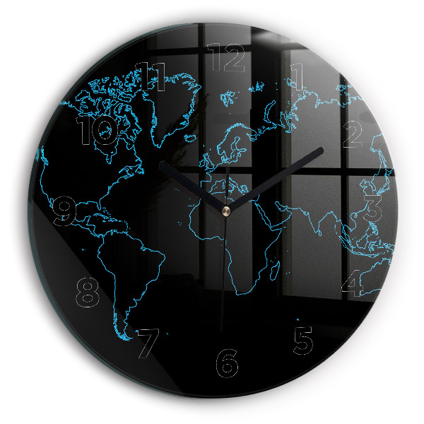 Round glass wall clock World map outlines