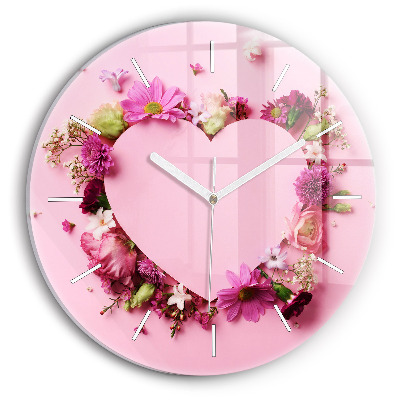Round glass wall clock Heart of flowers