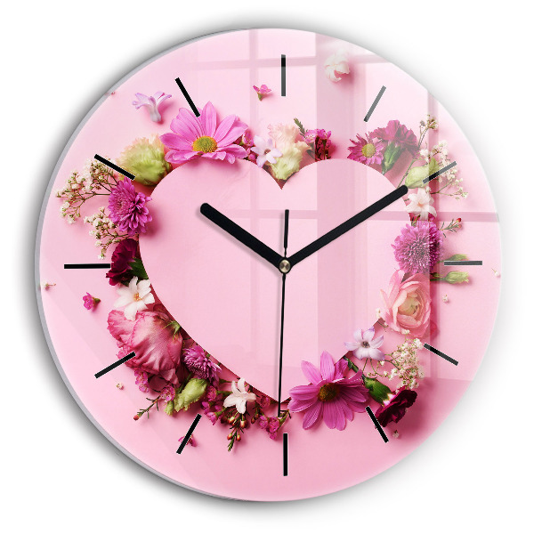 Round glass wall clock Heart of flowers
