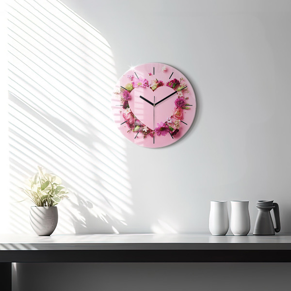 Round glass wall clock Heart of flowers