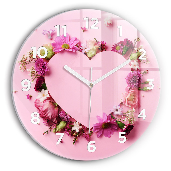 Round glass wall clock Heart of flowers