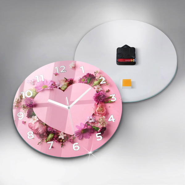 Round glass wall clock Heart of flowers