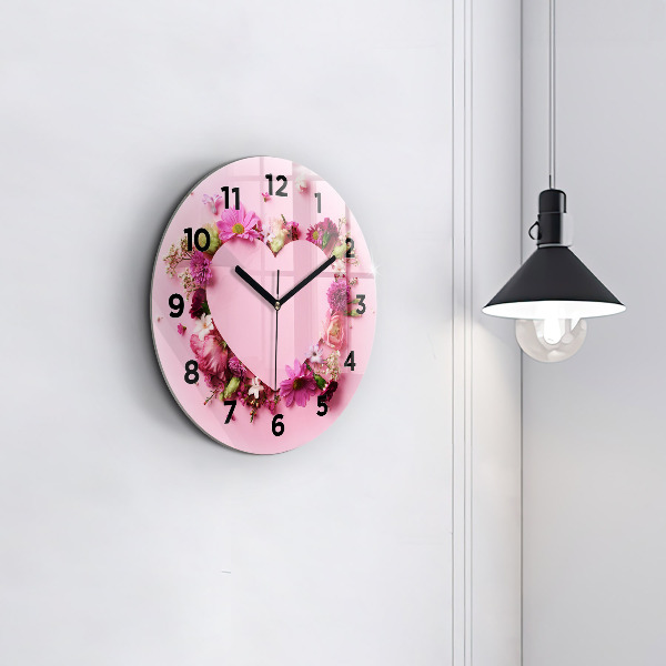 Round glass wall clock Heart of flowers