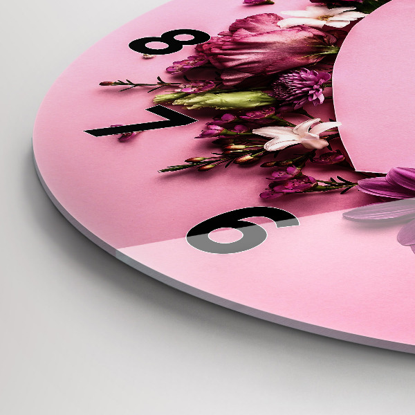 Round glass wall clock Heart of flowers