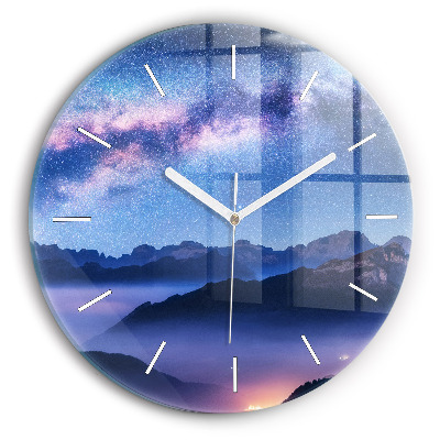 Round glass wall clock Milky Way and Mountains